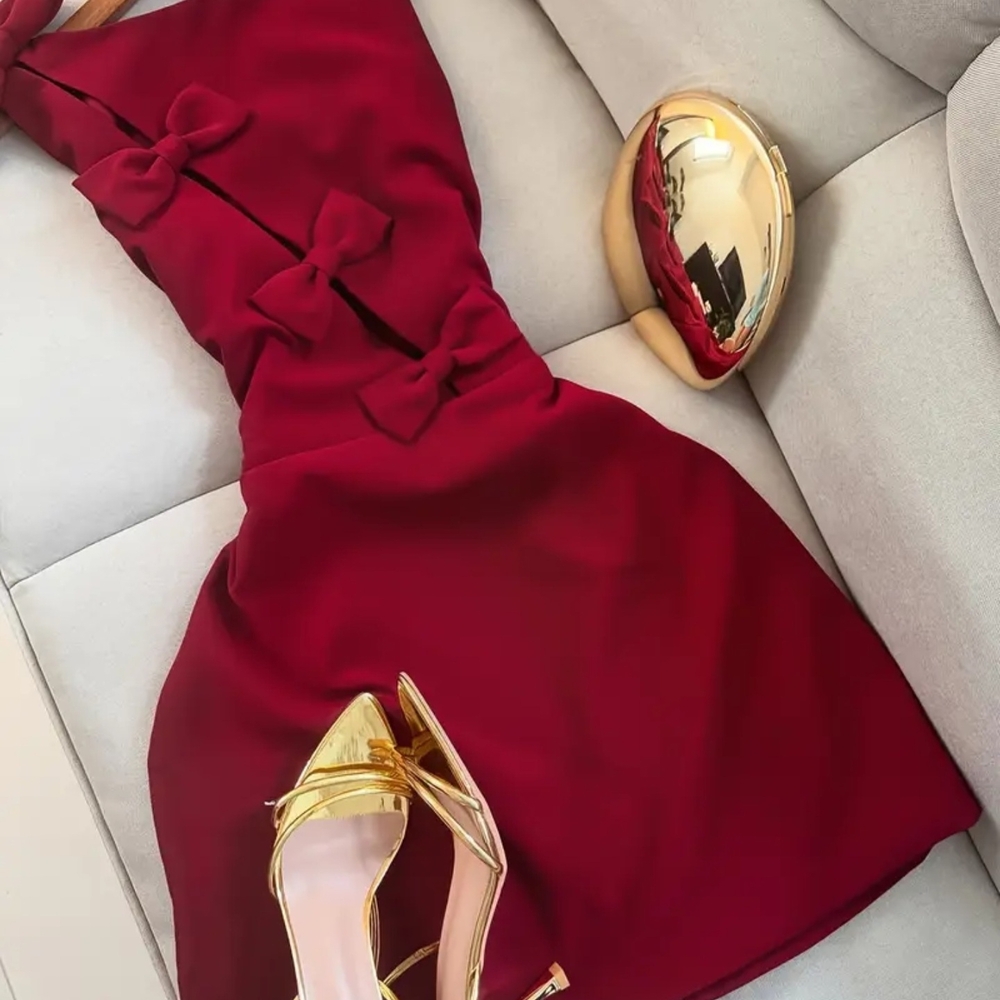 Elegant Burgundy Dress with Bow Accents